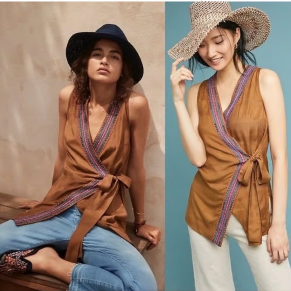 Anthropologie Maeve Liviana Embroidered Sleeveless Wrap Tunic Blouse XS